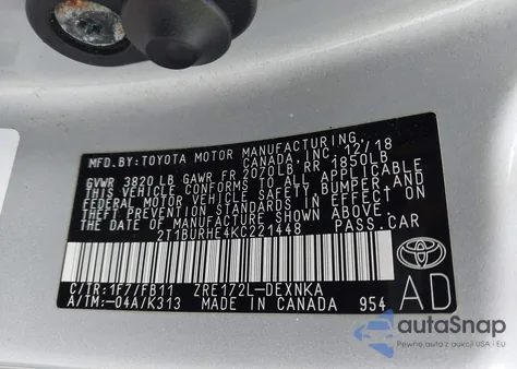 2019 Toyota Corolla Le z USA, uszkodzony, nr VIN 2T1BURHE4KC221448